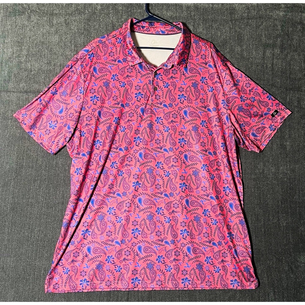 Obla Performance Polo Shirt Mens XXL Pink Blue Paisley Short Sleeve 3-Button